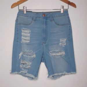 Fashion Nova Round Two Denim Bermudas Size Large Light Blue Distressed Stretch
